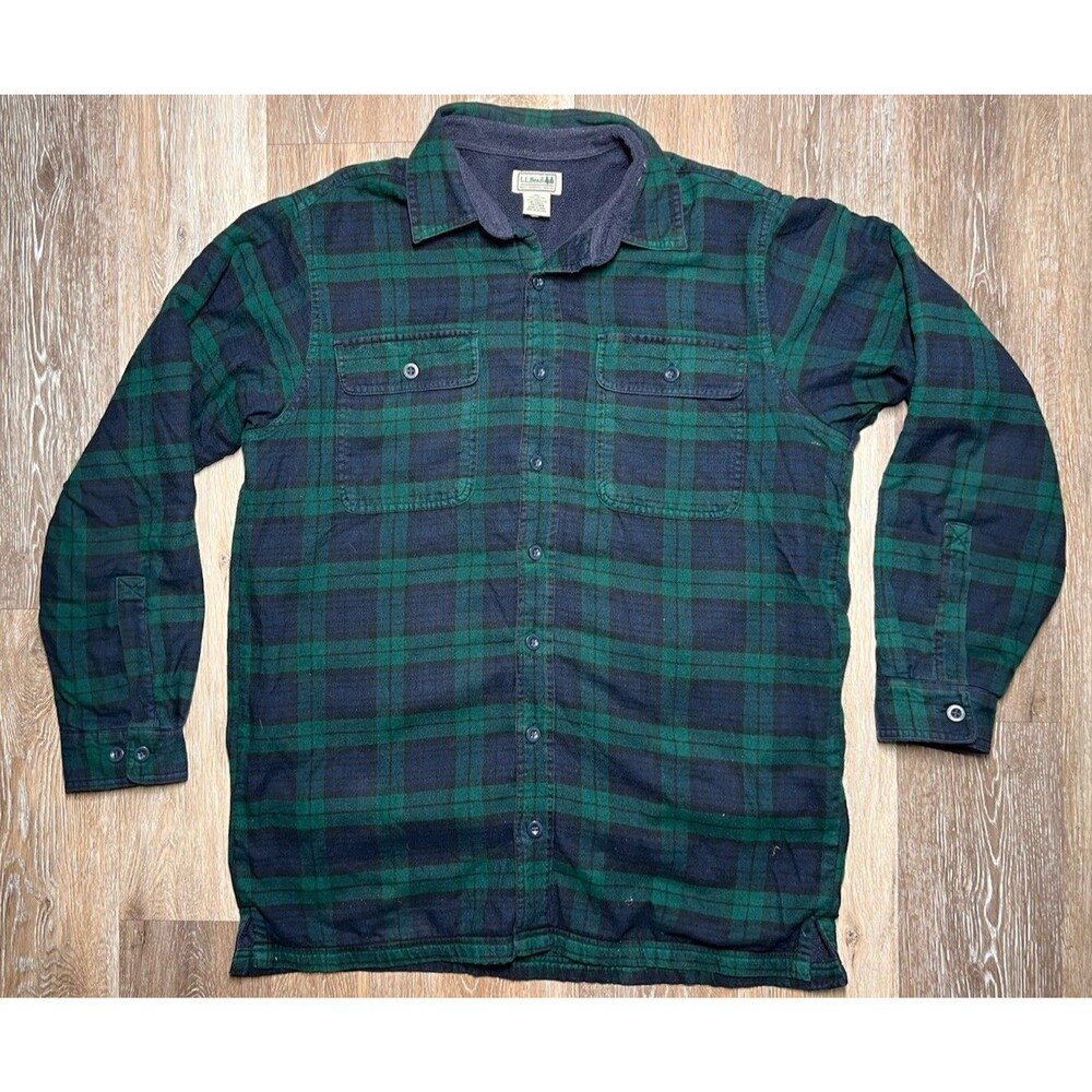 Vintage LL Bean Fleece Lined Flannel Shirt Green Plaid 252749 Medium Tall Mens